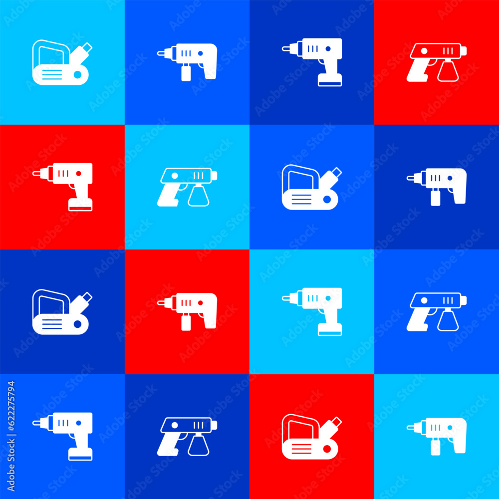 Set Electric planer tool, drill machine, cordless screwdriver and Paint spray gun icon. Vector Set Electric planer tool, drill machine, cordless screwdriver and Paint spray gun icon. Vector