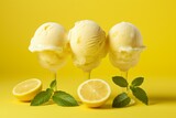 Close up on three glasses with lemon ice cream ball on a pastel yellow background generative ai