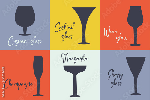 Set of modern color cards with glasses for alcohol beverage, cocktail glass and text. Glassware of different forms for champagne, Brandy, Whiskey, Cognac, Port wine, Gin. Vector flat illustration