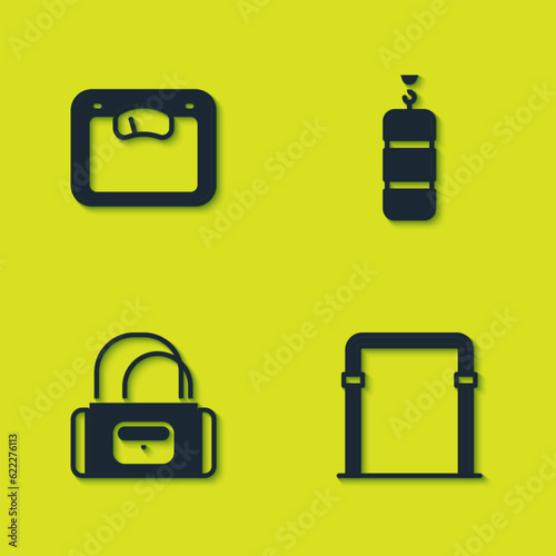 Set Bathroom scales, Sport horizontal bar, bag and Punching icon. Vector