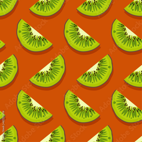 Kiwi fruit seamless pattern. Silced Fresh juicy green fruits.Trendy bright design exotic fruits on orange background. Vector illustration for wallpapers,textile, web, app, print, case, wrapping paper