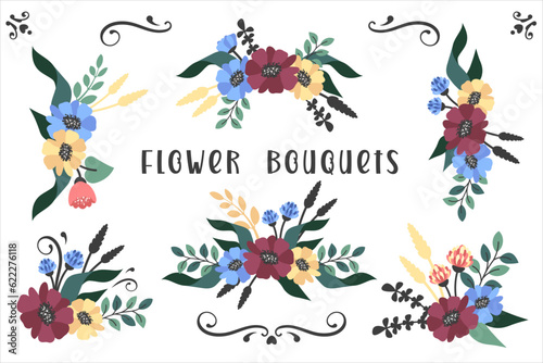 Set of floral elegant bouguets. Hand draw floristic templates with bunch of wildflowers, blooming wreath, foliage, leaves. Vector flat illustration for invitation, cards, beauty industry, textile