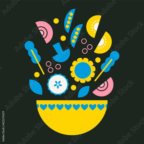 Salad falling into the bowl. Flying salad with yellow tomatoes, onion, mushroom, cucumber, leaves, spinach and lettuce concept cooking. Modern flat yellow, blue vector illustration for salad bar.