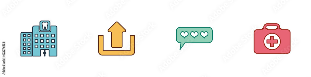 Set Dental clinic, Upload, Like and heart and First aid kit icon. Vector Set Dental clinic, Upload, Like and heart and First aid kit icon. Vector