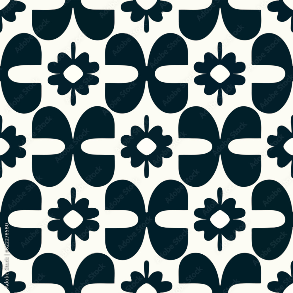 Fototapeta premium Delicate and captivating, this black and white pattern boasts beautiful flowers that repeat seamlessly. Its dark flower motif adds a touch of sophistication to any fabric or surface.