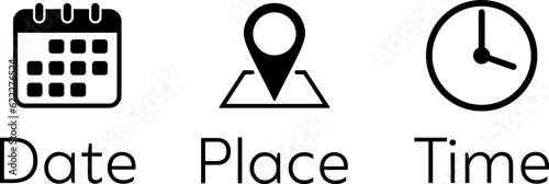 Vector icons of date, place and time as set of schedule icons