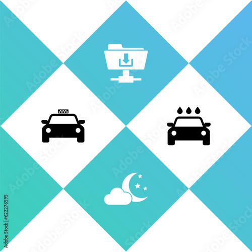 Set Taxi car, Cloud with moon and stars, FTP folder download and Car wash icon. Vector