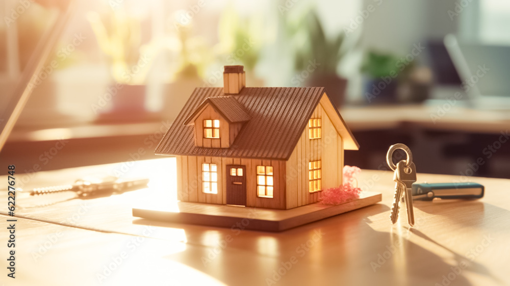 House key and house model, sunlight background. Mortgage, investment, real estate, property and new home concept. Real estate trading concept.
House key and house model, sunlight background. Mortgage, investment, real estate, property and new home concept. Real estate trading concept.