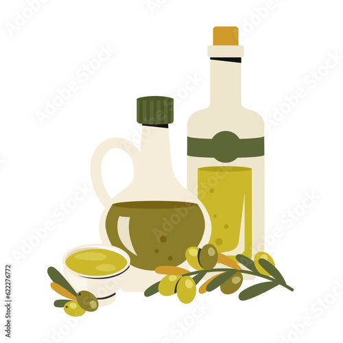 Set of glass olive oil bottles. Pitcher and corked bottle of extra virgin olive oil, bowl, branch of olive trees, leaves. Kitchenware, cooking concept. Healthy organic food. Vector flat illustration