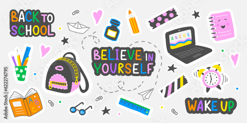 Collection of school stickers and decorative elements.Vector set for the design of covers, notebooks, books,diary and much more.
