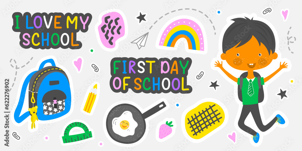 Fototapeta premium Collection of school stickers and decorative elements.Vector set for the design of covers, notebooks, books,diary and much more.