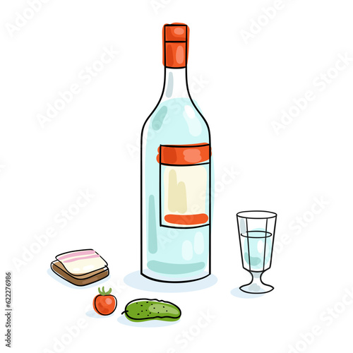 Bottle of vodka with a snack and a glass. Illustration in a linear style. Black contour with colored spots. Isolated on white background. Vector flat illustration.
