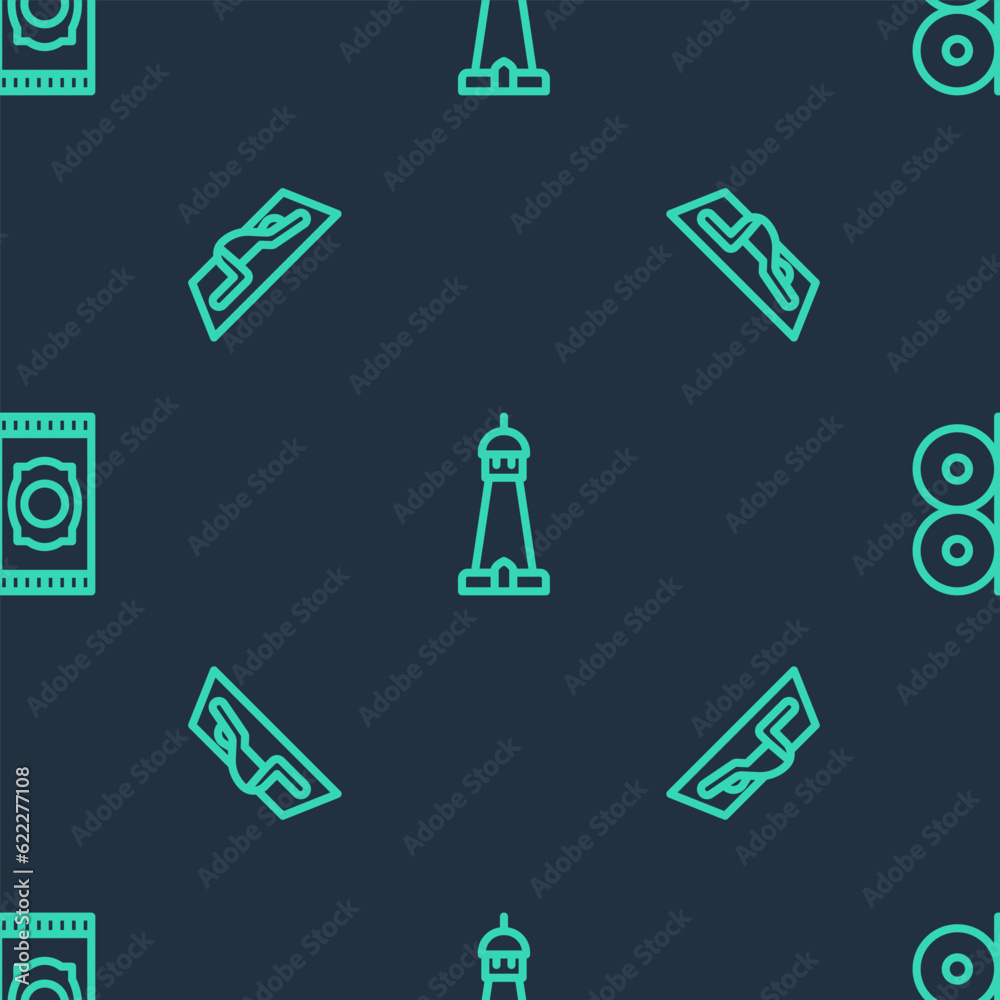 Set line Mosque tower or minaret, Muslim man prays and Traditional carpet on seamless pattern. Vector Set line Mosque tower or minaret, Muslim man prays and Traditional carpet on seamless pattern. Vector
