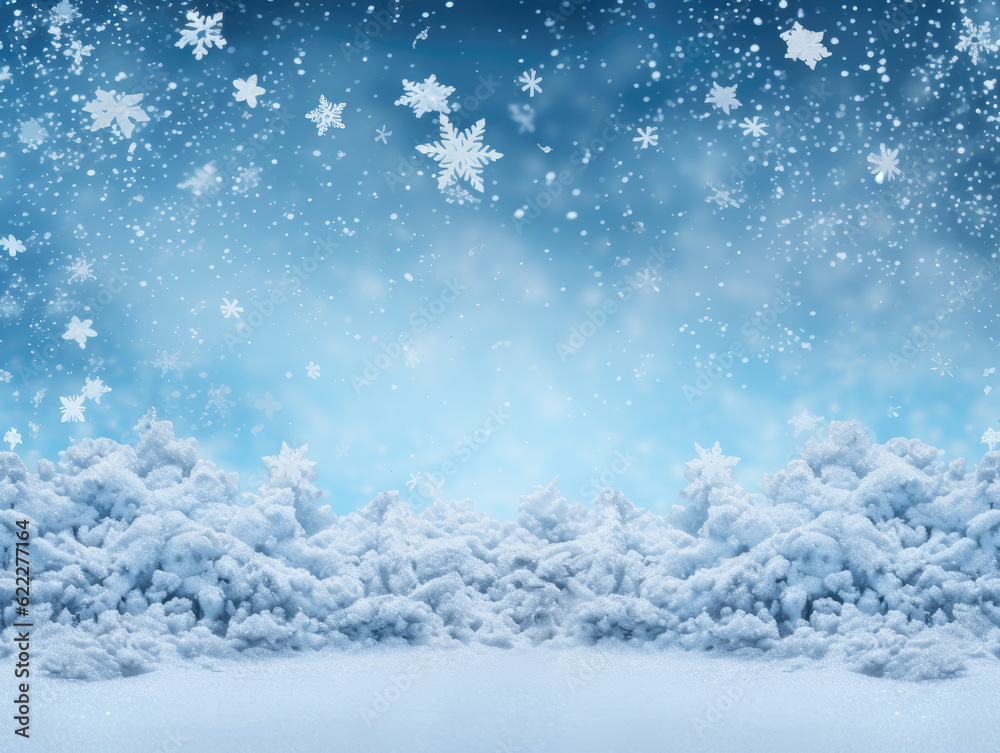 A serene winter scene unfolds with a snowy background, delicate snowflakes dancing in shades of tranquil blue