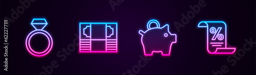 Set line Diamond engagement ring, Stacks paper money cash, Piggy bank and Finance document. Glowing neon icon. Vector