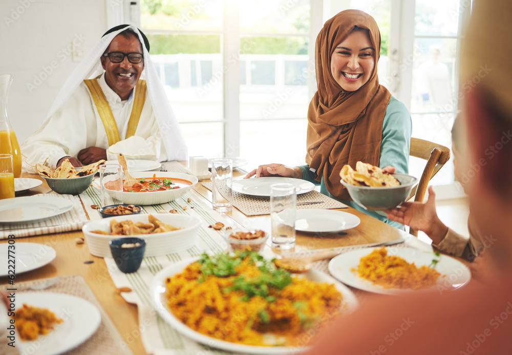 Food, help and muslim with big family at table for eid mubarak, Islamic celebration and lunch. Ramadan festival, culture and iftar with people eating at home for fasting, islam and religion holiday