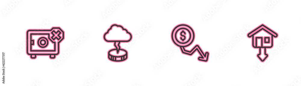 Set line Safe, Dollar rate decrease, Storm and Falling property prices icon. Vector Set line Safe, Dollar rate decrease, Storm and Falling property prices icon. Vector