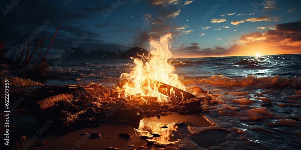 AI Generated. AI Generative. Sunset evening night bonfire campfire fire wood at sea ocean coast beach sand. Adventure vacation trip camping vibe. Graphic Art AI Generated. AI Generative. Sunset evening night bonfire campfire fire wood at sea ocean coast beach sand. Adventure vacation trip camping vibe. Graphic Art