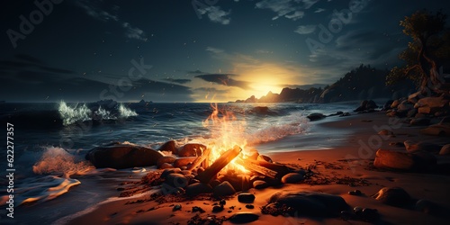 AI Generated. AI Generative. Sunset evening night bonfire campfire fire wood at sea ocean coast beach sand. Adventure vacation trip camping vibe. Graphic Art