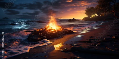 AI Generated. AI Generative. Sunset evening night bonfire campfire fire wood at sea ocean coast beach sand. Adventure vacation trip camping vibe. Graphic Art