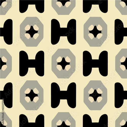 Halftone pattern featuring black and white shapes on a beige background, reminiscent of art deco designs and commonly used in fabric prints.