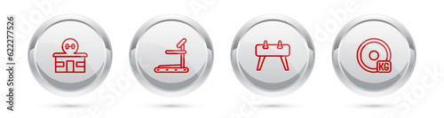 Set line Gym building, Treadmill machine, Pommel horse and Weight plate. Silver circle button. Vector