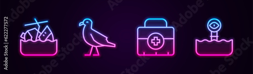 Set line Sinking cruise ship, Bird seagull, First aid kit and Periscope. Glowing neon icon. Vector