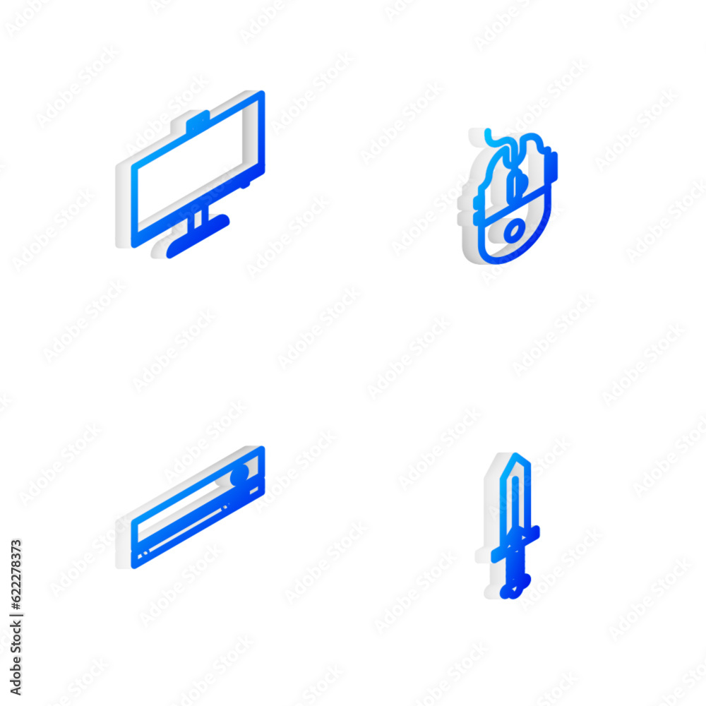 Set Isometric line Computer mouse gaming, monitor, Video game console and Sword for icon. Vector Set Isometric line Computer mouse gaming, monitor, Video game console and Sword for icon. Vector