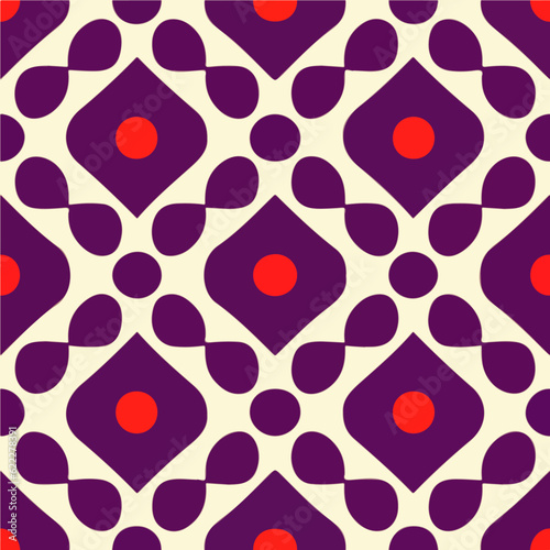 Vibrant combination of purple and red forms an eye catching pattern, featuring concentric circles reminiscent of a Sierpinski gasket. nod to 70s design with a burst of color.
