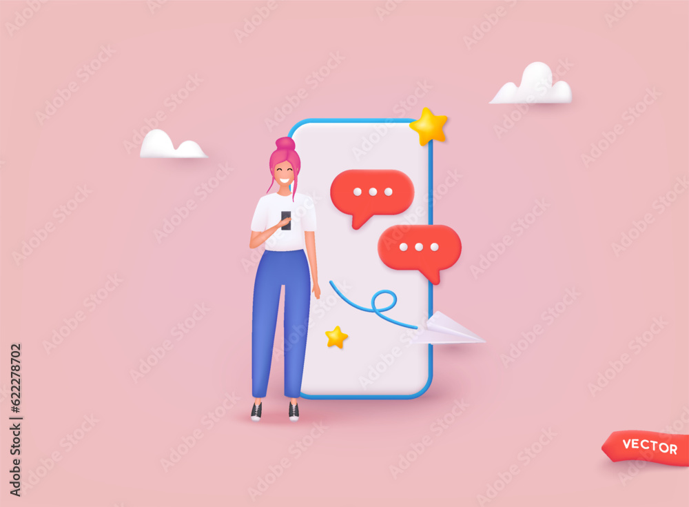 Chatting concept. Chatting with friends and sending new messages. Colorful speech bubbles boxes on smartphone screen. 3D Web Vector Illustrations.
