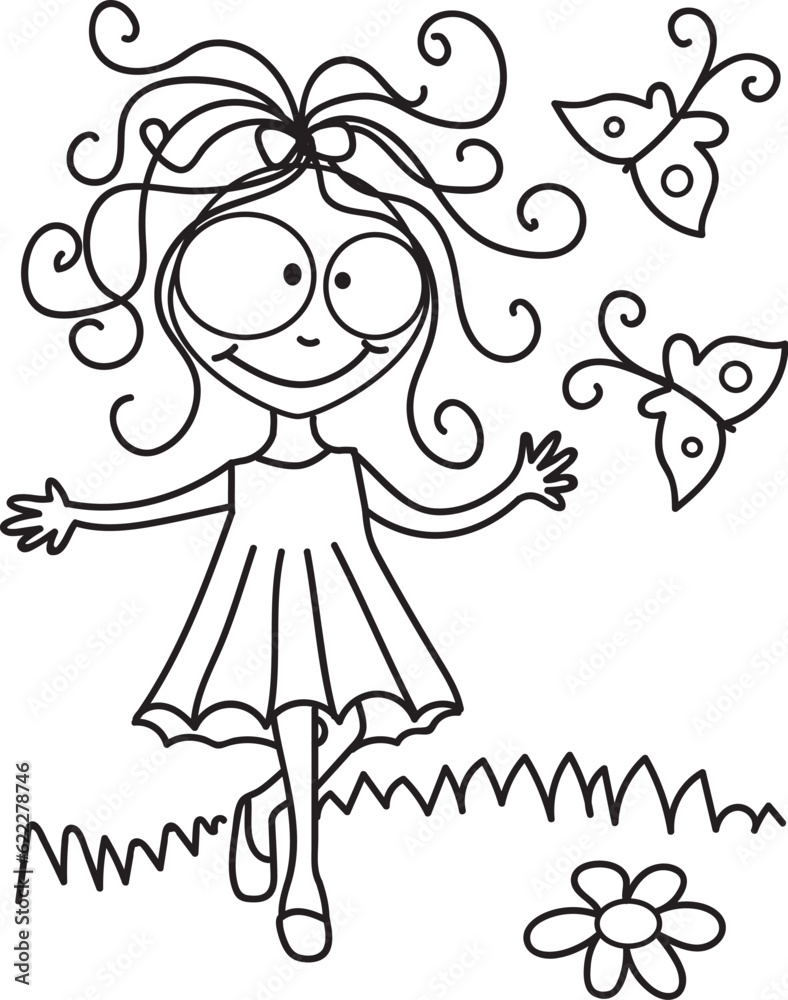 Happy, smiling, positive character girl - outline, stock illustration Happy, smiling, positive character girl - outline, stock illustration