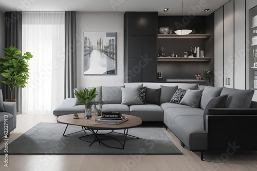 Charcoal And white color Modern interior design of living room. Get inspired for your living room 