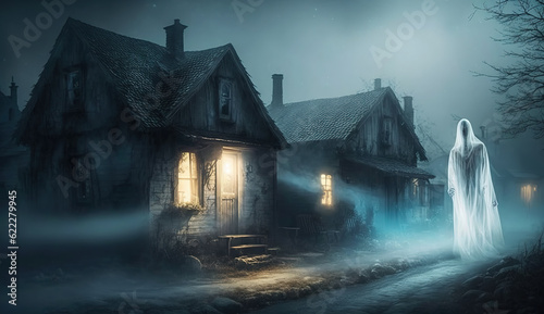 Ghostly figure walking along the street in a haunted old village. Ghost town in mysterious hazy light. Paranormal activity. photo