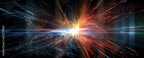 Particles colliding and exploding, science concept. Burst of red and blue light.