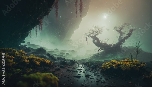 Misty alien world with exotic plants and dim greenish sunlight. Extraterrestrial landscape. Digital illustration.