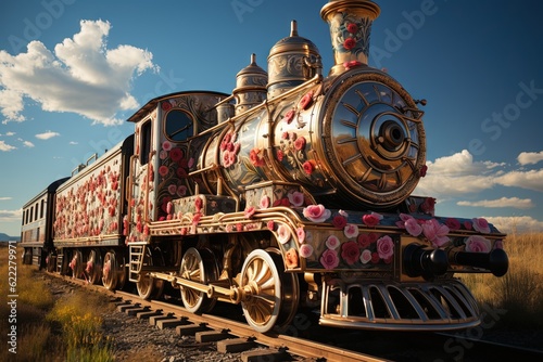 Kitty Choo - Choo: Hop on the meowtastic train ride with cat - shaped engines, tail - like wagging smokestacks, and delightful pawprint patterns throughout the wagons illustration generative ai photo