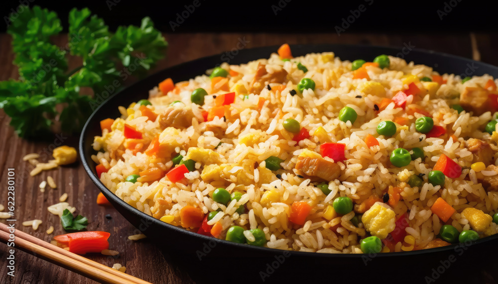 Delicious Chinese dish fried rice with fresh vegetables. Healthy eating and vibrant flavors captured in a studio shot. Healthy and delicious dish. Generative AI Delicious Chinese dish fried rice with fresh vegetables. Healthy eating and vibrant flavors captured in a studio shot. Healthy and delicious dish. Generative AI