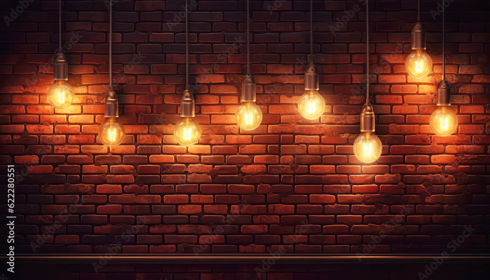 Modern Ambiance Vibrant Orange Glow hanging light bulbs and Abstract Brick wall Interior Creating a Trendy and Artistic Atmosphere with Generative AI