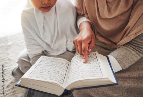 Photography Quran, Muslim child or parent hands reading for learning, Islamic knowledge and faith in Allah, god or culture