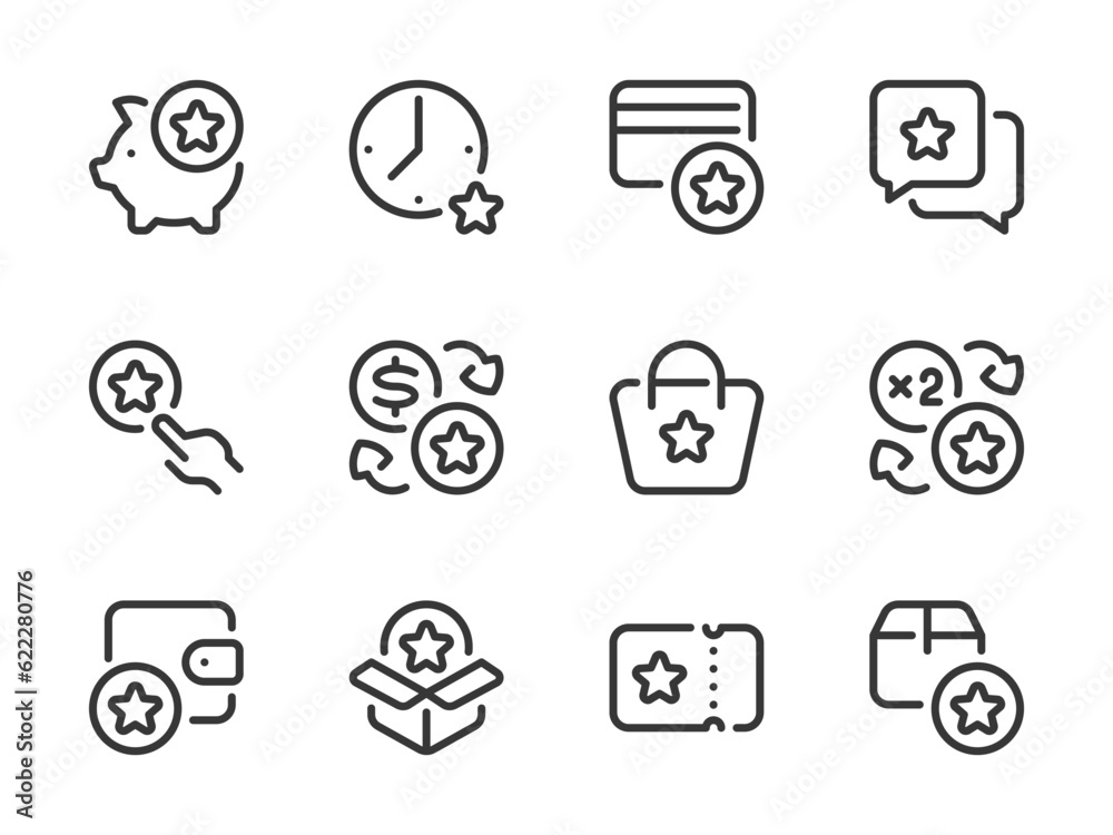 Bonus and Loyalty program vector line icons. Special points and Reward star outline icon set. Membership system, Benefit, Collect coins, Gift bonus offer and more. Bonus and Loyalty program vector line icons. Special points and Reward star outline icon set. Membership system, Benefit, Collect coins, Gift bonus offer and more.