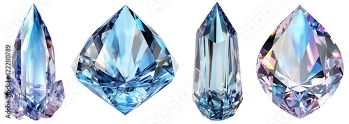 A set of blue, natural, faceted crystals of various shapes. Isolated on transparent background. KI.