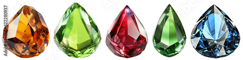 A set of multi-colored, faceted crystals in the form of a drop. Crystal design element for decor. Green, blue, red and orange crystals. Isolated on transparent background. KI.