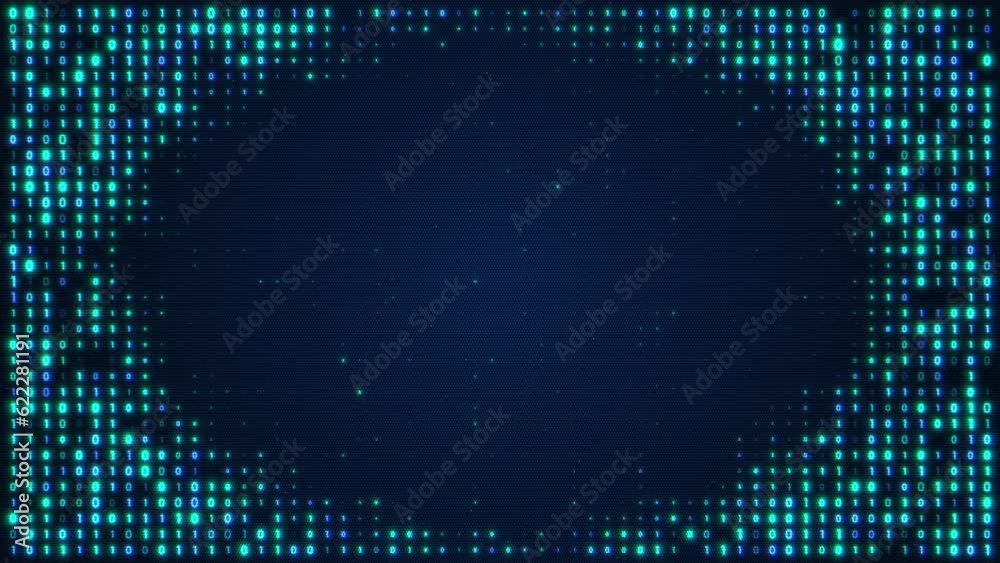 Loop animation of blue, glowing random digital data matrix of binary ...