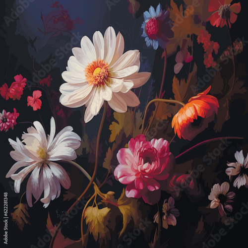 Seamless vector pattern with many abstract spring flowers. For wallpaper or fabric decoration in vintage style. Flower painting for summer. Botanical background. Vector illustration.