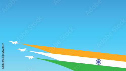 Happy India Independence Day August 15th with flag and fighter jet flying flat style vector illustration