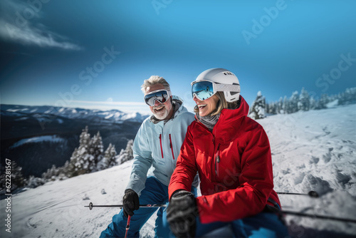sporty senior couple enjoy a break from skiing in the mountains with a stunning view, generative ai