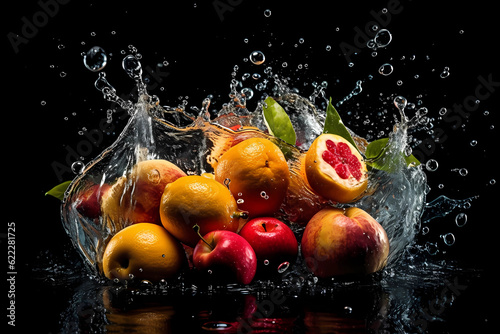 fruit splashing in water on the black background
