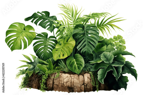 Jungle Tree Trunk  Climbing Monstera  Isolated on Transparent Background. Generative AI