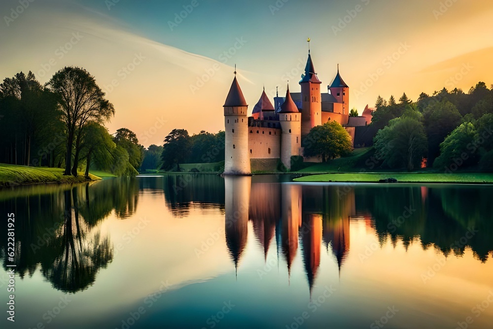 sunset over the lake and a beautiful house generated ai sunset over the lake and a beautiful house generated ai
