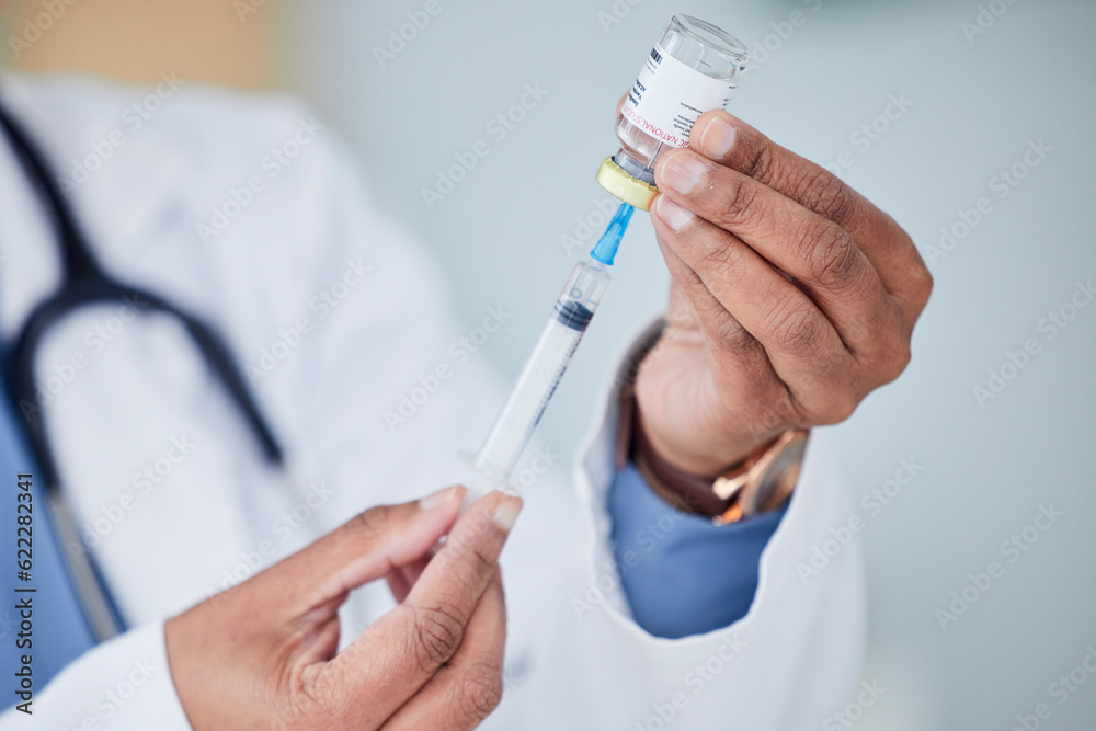 Woman, hands and doctor with syringe in vial for cure, vaccine or medication at hospital. Closeup of female person, medical or healthcare professional with needle, drug or sample for dosage at clinic Woman, hands and doctor with syringe in vial for cure, vaccine or medication at hospital. Closeup of female person, medical or healthcare professional with needle, drug or sample for dosage at clinic